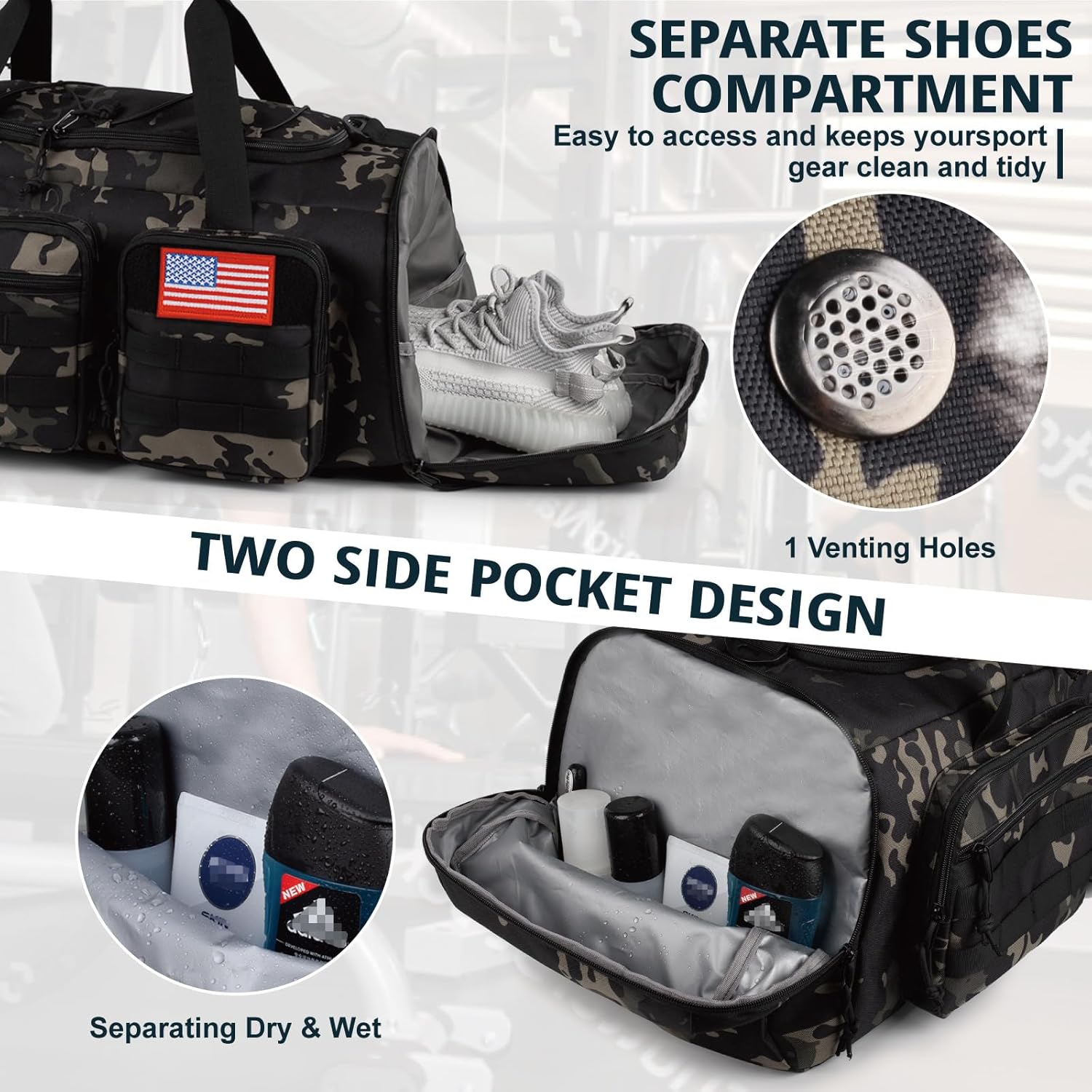 Tactical Gym Bag for Men,50L Large 3 in 1 Sports Duffle Bag with Shoes Compartment for Travel,Water Resistant Travel Backpack Weekender Overnight Bag with Wet Pocket for Women