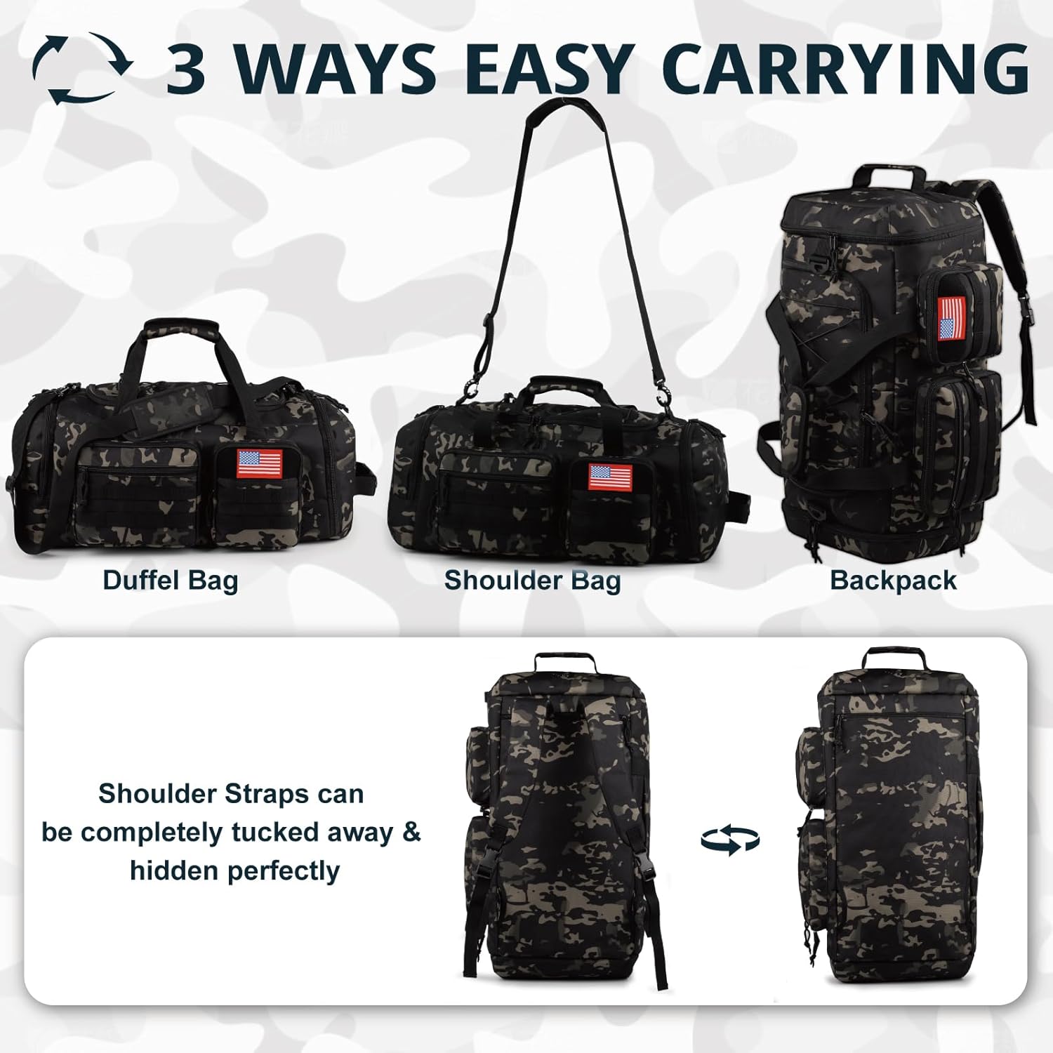 Tactical Gym Bag for Men,50L Large 3 in 1 Sports Duffle Bag with Shoes Compartment for Travel,Water Resistant Travel Backpack Weekender Overnight Bag with Wet Pocket for Women