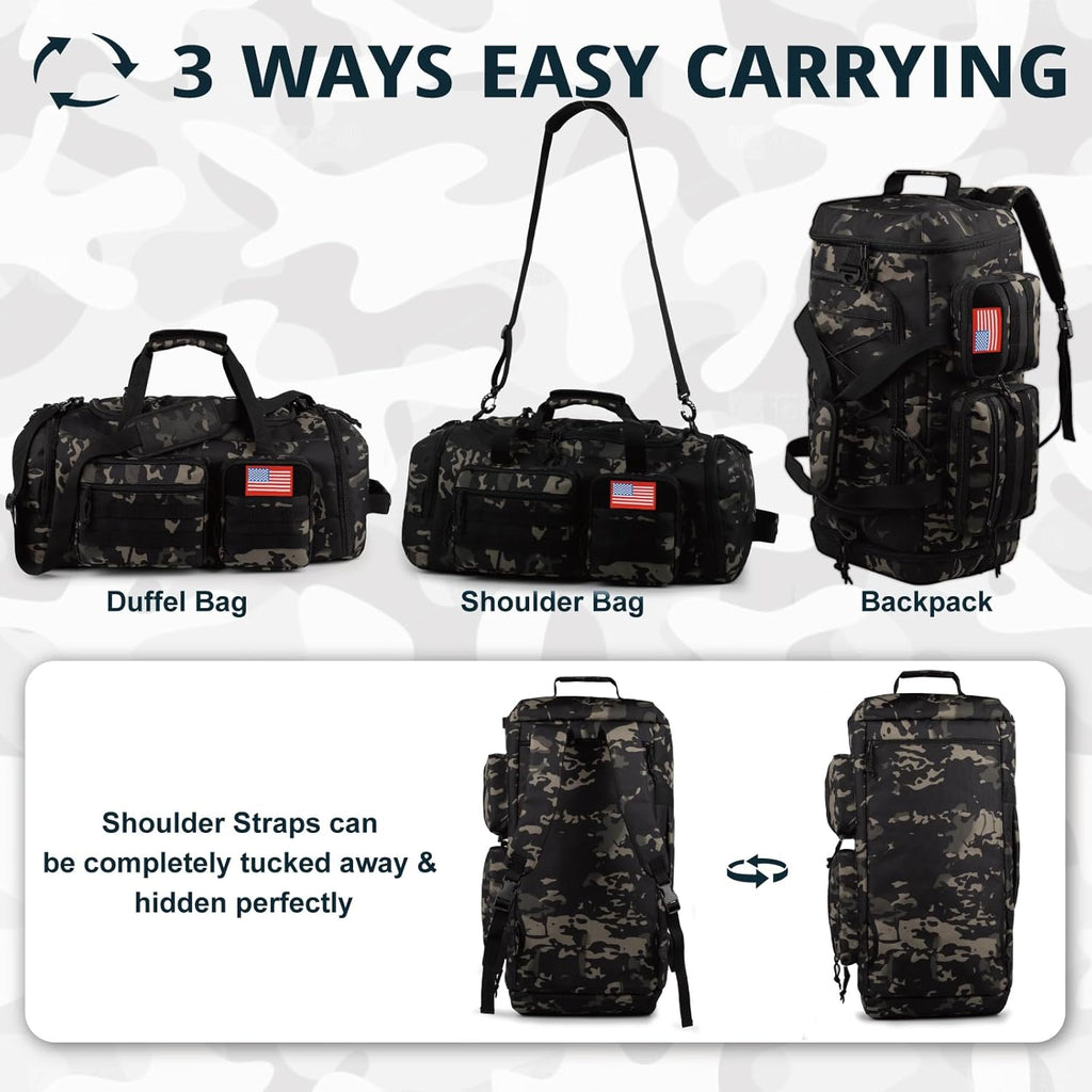 Tactical Gym Bag for Men，50L Large 3 in 1 Sports Duffle Bag with Shoes Compartment for Travel,Water Resistant Travel Backpack Weekender Overnight Bag with Wet Pocket for Women