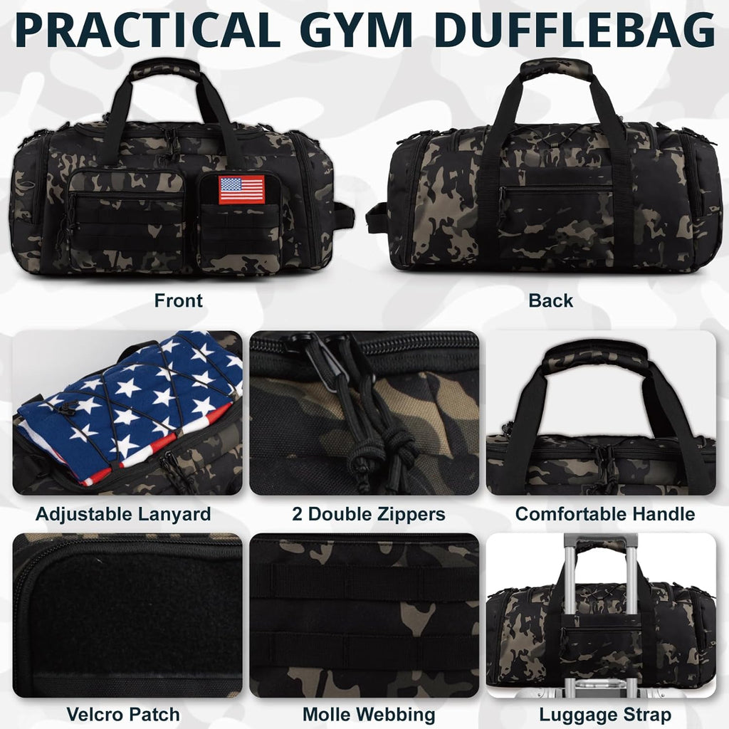 Tactical Gym Bag for Men，50L Large 3 in 1 Sports Duffle Bag with Shoes Compartment for Travel,Water Resistant Travel Backpack Weekender Overnight Bag with Wet Pocket for Women