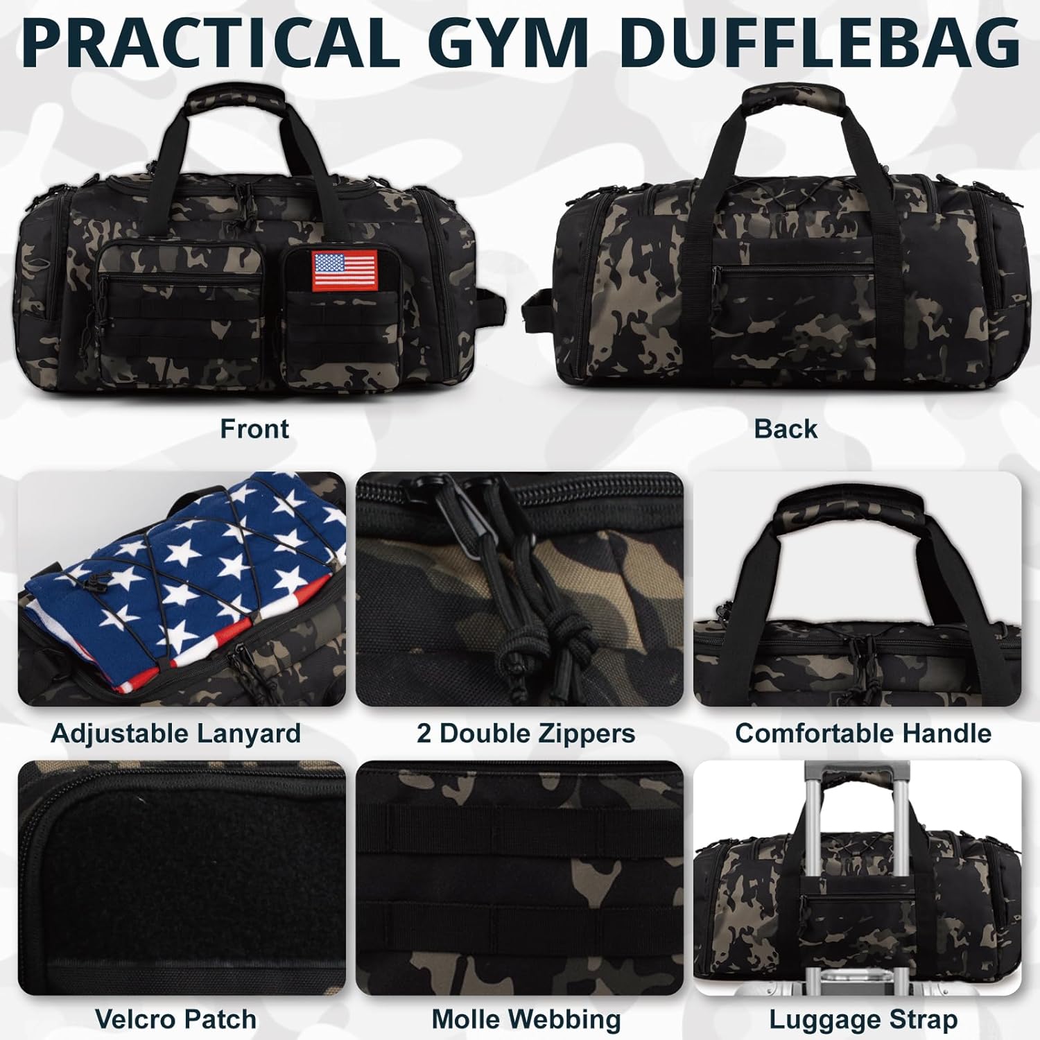 Tactical Gym Bag for Men，50L Large 3 in 1 Sports Duffle Bag with Shoes Compartment for Travel,Water Resistant Travel Backpack Weekender Overnight Bag with Wet Pocket for Women